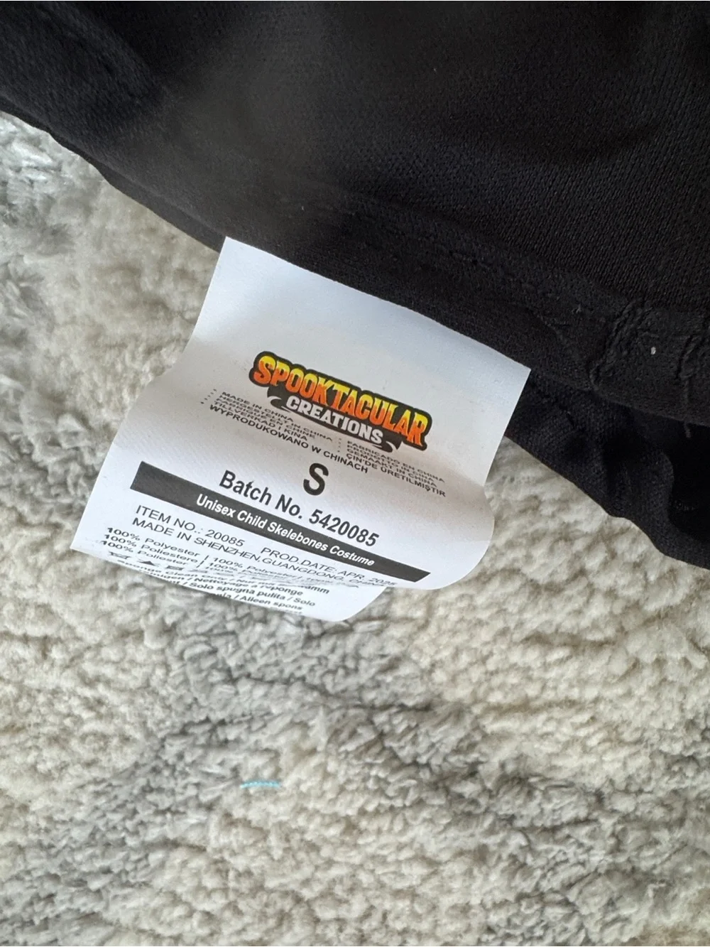 Spooktacular glows in dark Skullbones Halloween costume small